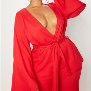 Plus Red woven belt blazer